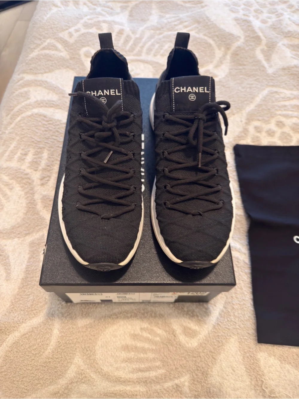 CHANEL Black Knit Lace-Up Sock Sneakers with White Trim